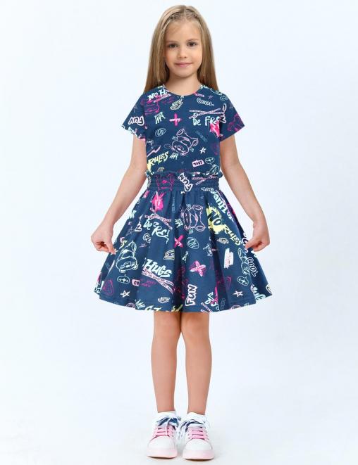 Костюм для девочки KETMIN HAPPY цв.Мишки Неон синий (Футболка/Юбка)