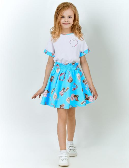 Костюм летний для девочки KETMIN АНГЕЛ цв.Белый/Бирюза (Футболка/Юбка)