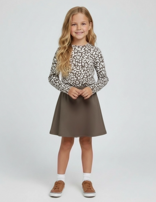 Костюм для девочки KETMIN LONG PARIS цв.Лео Бежевый/Каппучино(Лонгслив/Юбка)