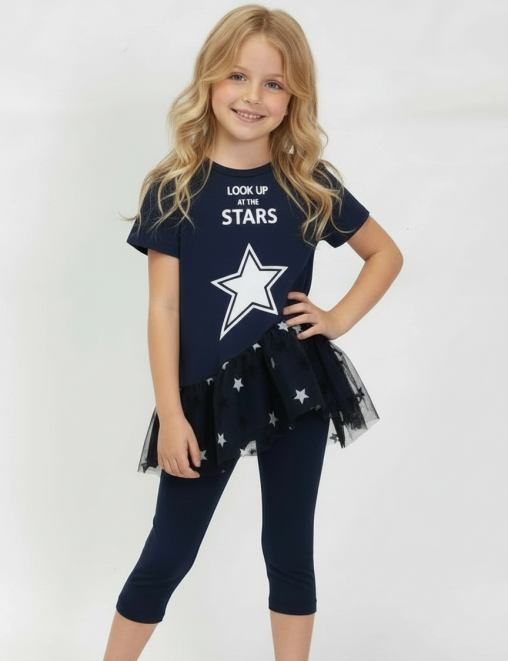 Костюм для девочки KETMIN ЭЛЕГАНС цв.Синий/Сетка Звезда (Туника/Бриджи)