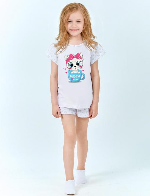 Пижама детская МАЛИНОВЫЕ СНЫ MEOW цв. Белый (Футболка/Шорты)