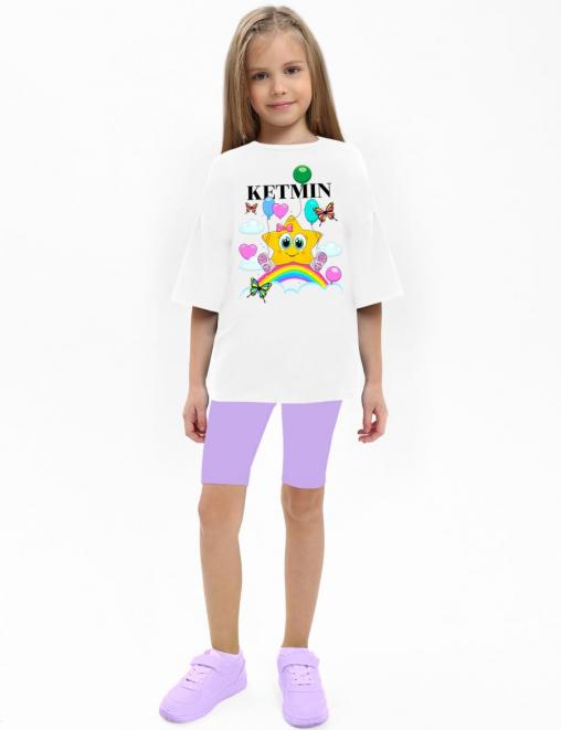 Костюм для девочки KETMIN МАЛИНА РАДУГА цв.Белый/сиреневый (Футболка/Велосипедки)