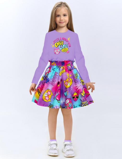 Костюм для девочки KETMIN LONG HAPPY цв.Сиреневый/ Котики фуксия (Лонгслив/Юбка)