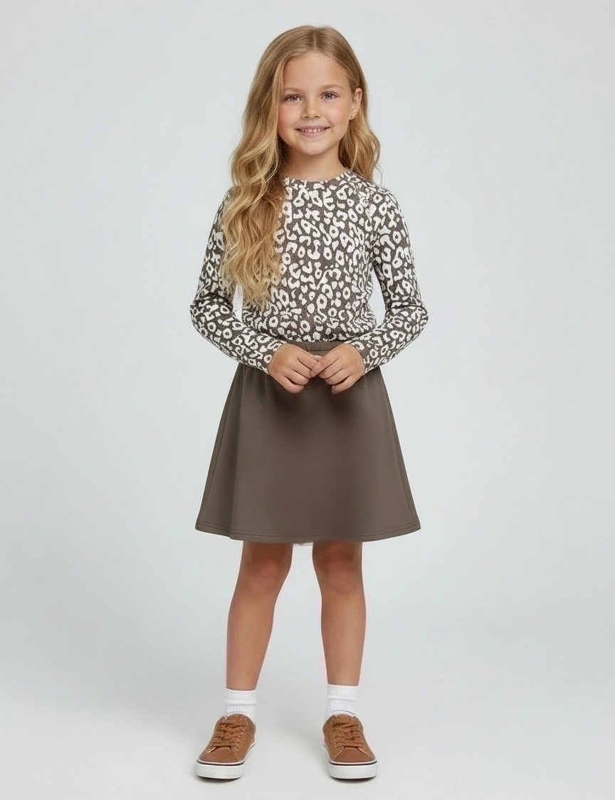 Костюм для девочки KETMIN LONG PARIS цв.Лео Бежевый/Каппучино(Лонгслив/Юбка)